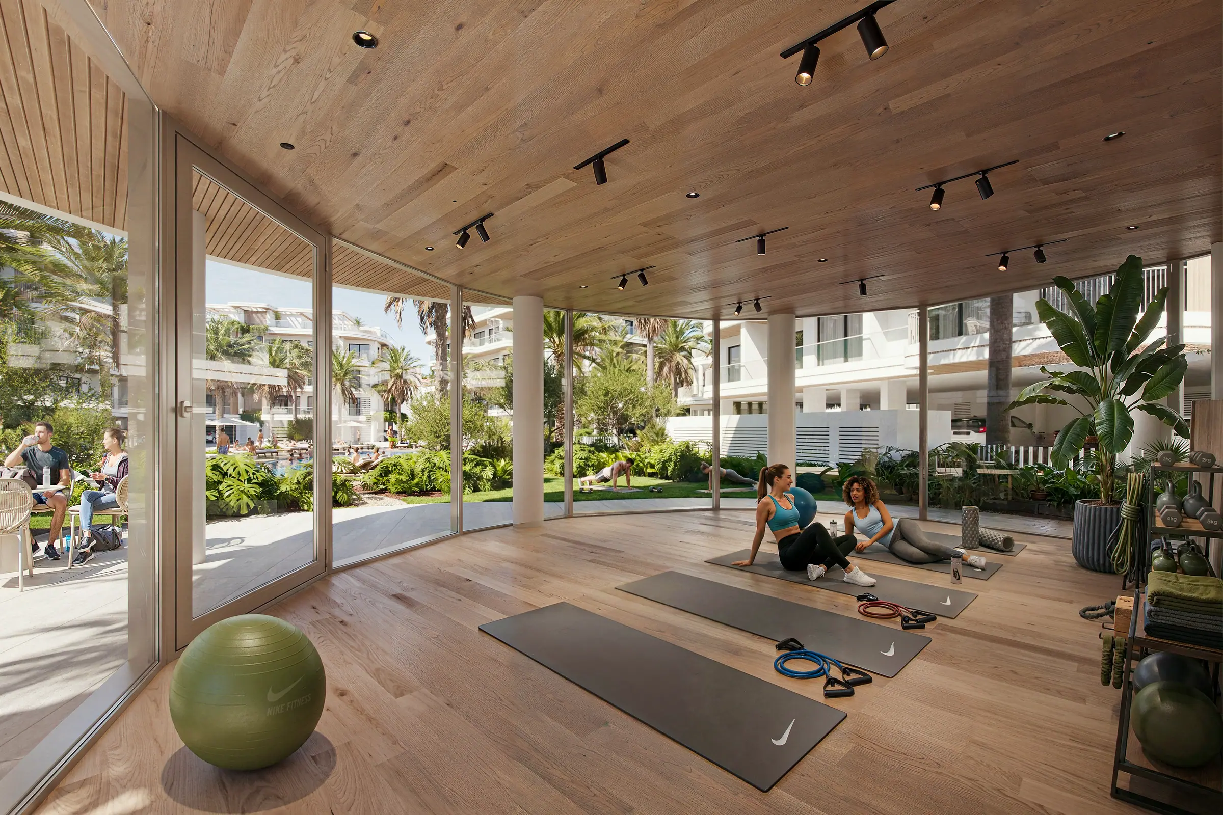 Yoga studio opening onto the landscaped gardens