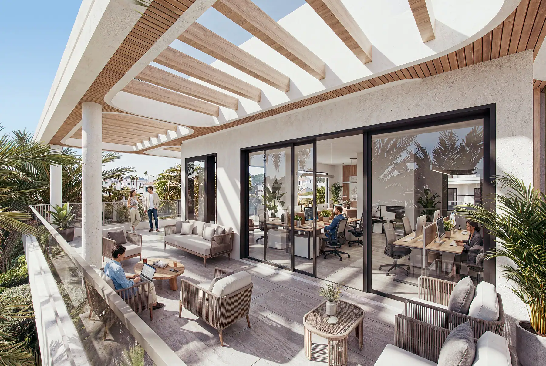 Offices opening onto a shaded terrace