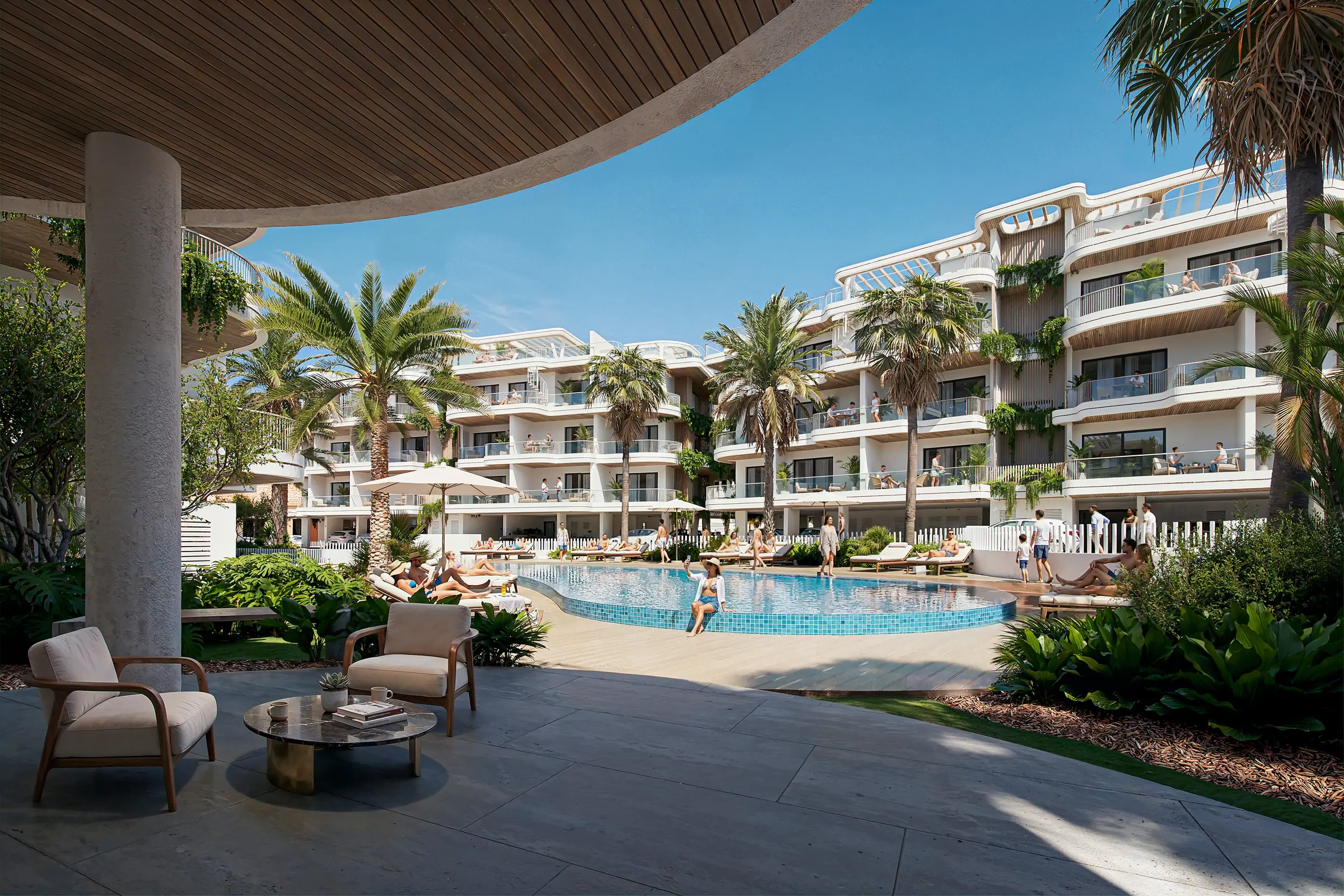 Shaded colonnade looking out across the courtyard pool